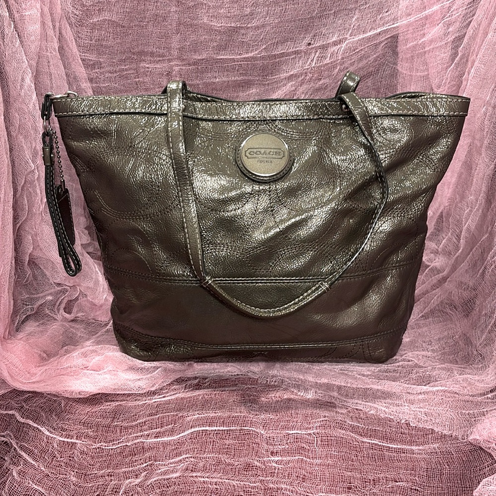 Coach Signature Gray Patent Leather Logo Double Handles Zipper Tote Shoulder Bag